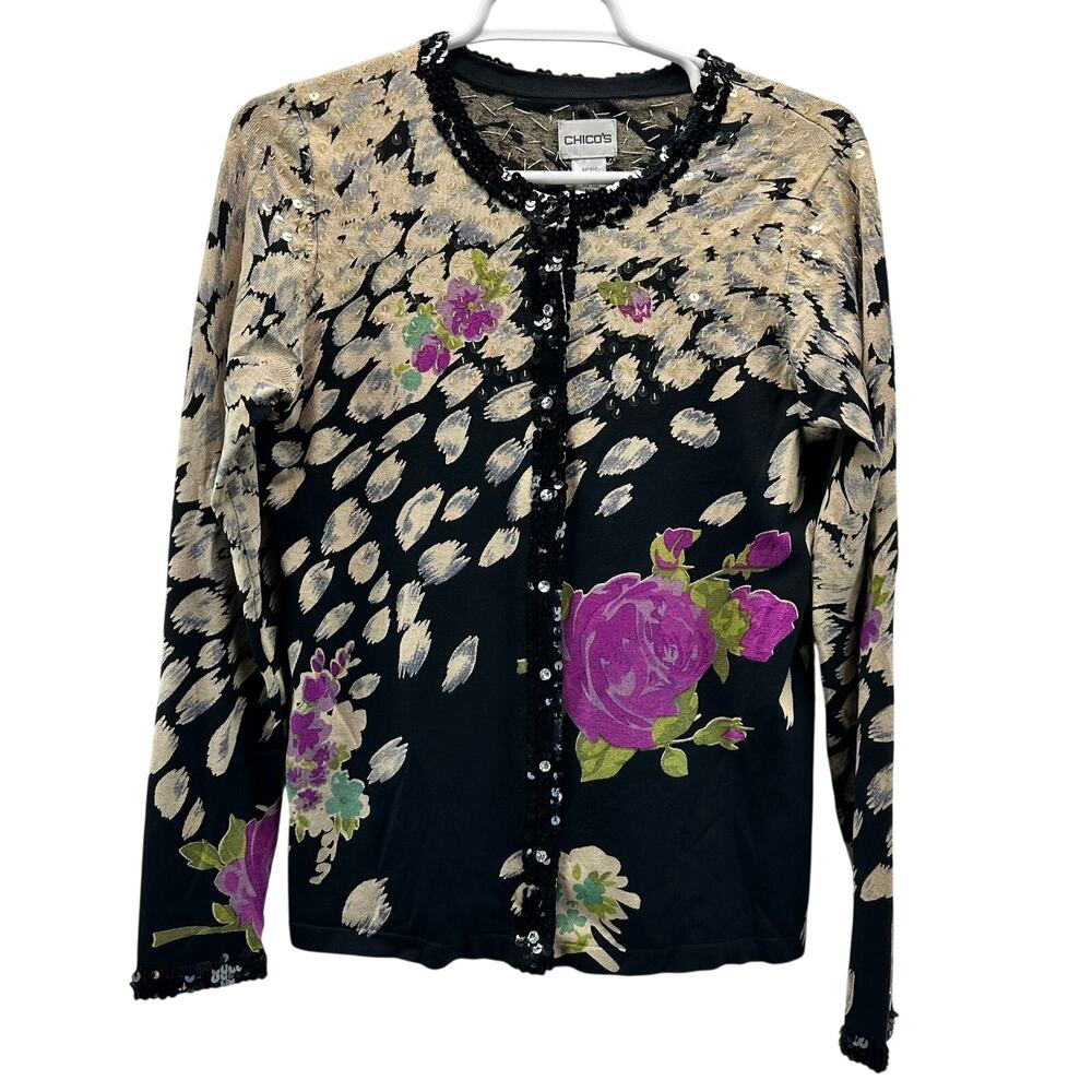 Chico's Black Silk Blend Sequin Floral Button Up Cardigan Sweater Artsy 1 Med